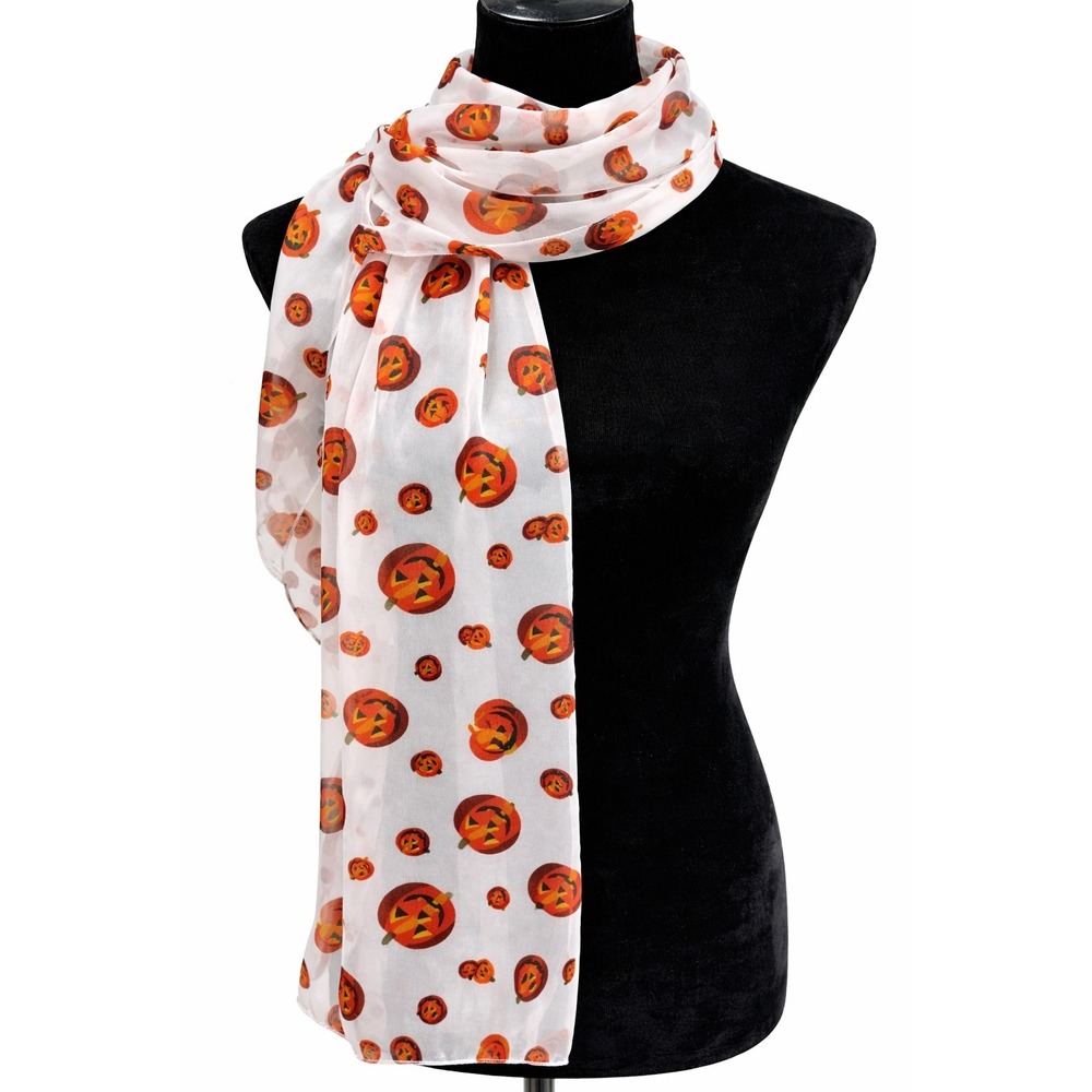 Silk Feel Womens White Tone On Tone Stripe Halloween Pumpkin Rectangular Scarf